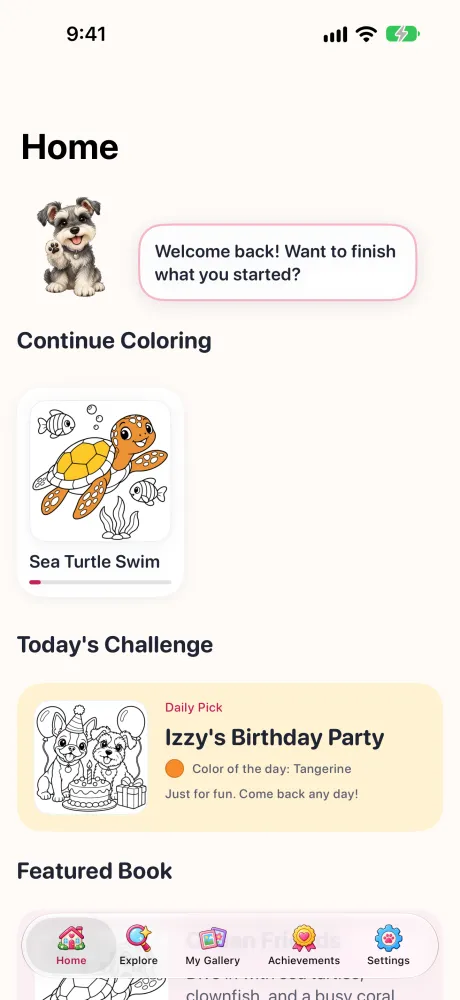Coloring with Miya: home screen
